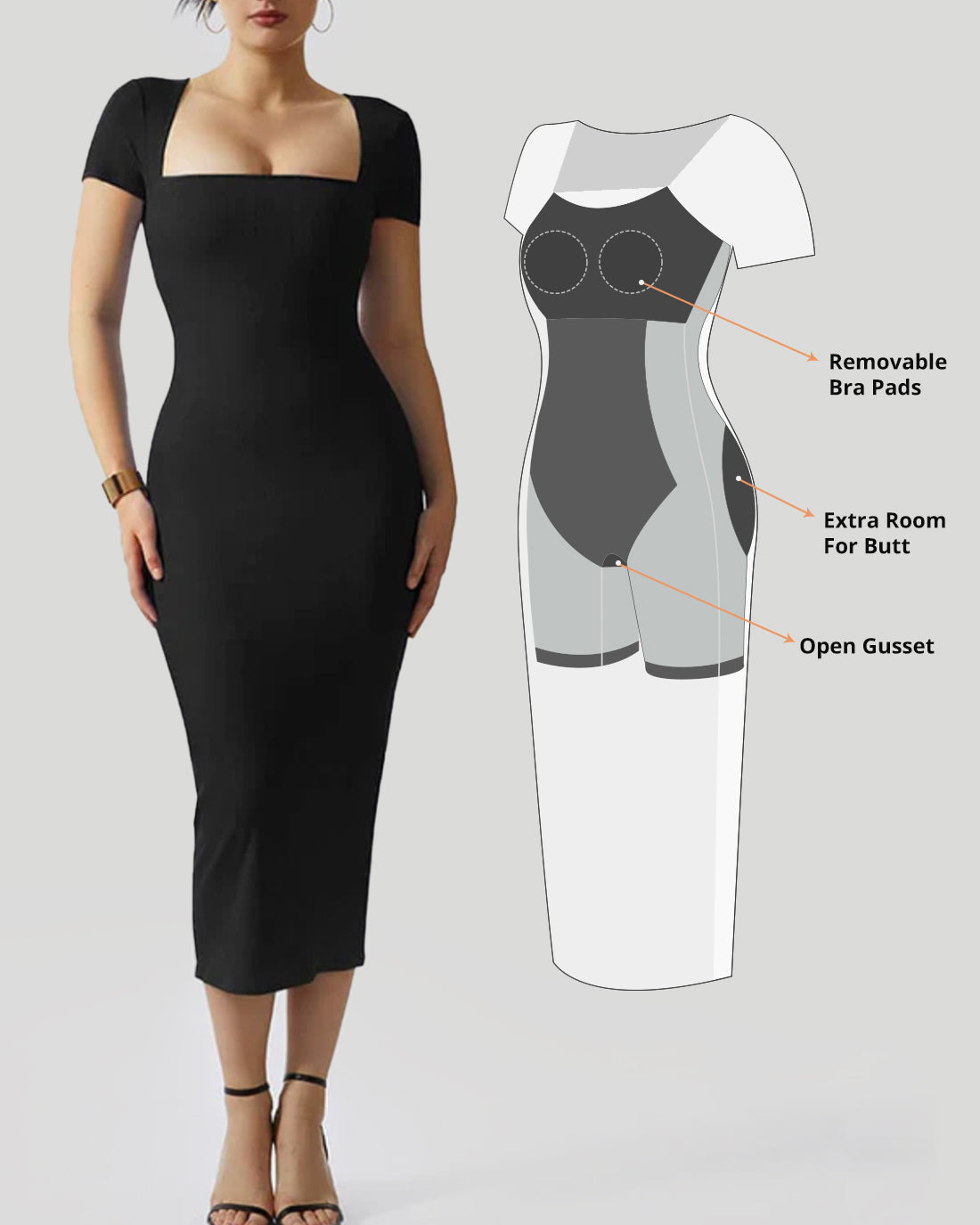 Queen Anne Neckline Dress With Built In Shapewear