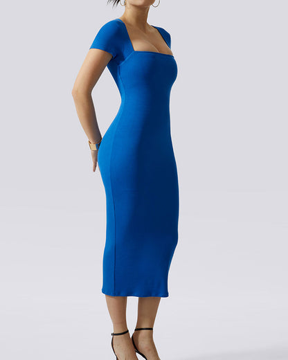 Queen Anne Neckline Dress With Built In Shapewear