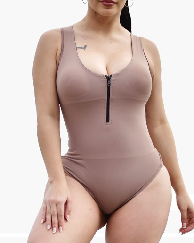 U-Neck Zip Front Shaping Swimsuit