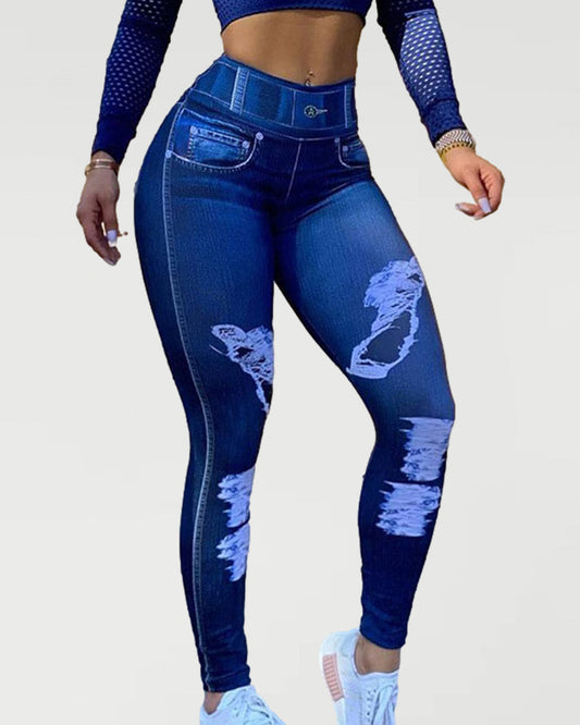 High-waisted high-stretch faux denim leggings