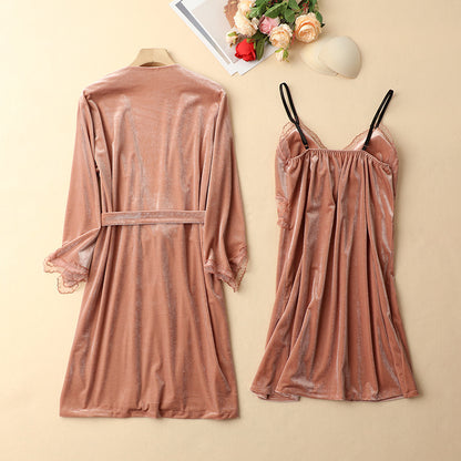 Premium Feeling Golden Velvet Pajamas Two Piece Set