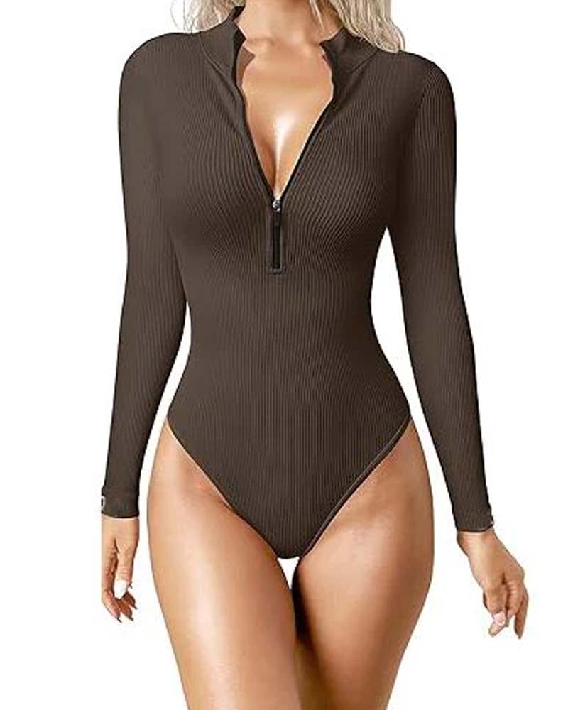 Zipper Front Long Sleeve Sexy Ribbed Long Sleeve Tights (Pre-Sale)