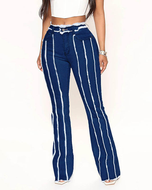 Ladies High Stretch Mid Waist Raw Edge Stripe Denim Trousers