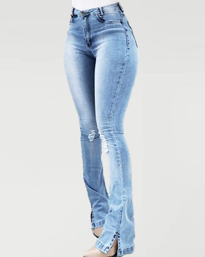 Elastic Slit Flared High Waist Jeans Women's Trousers