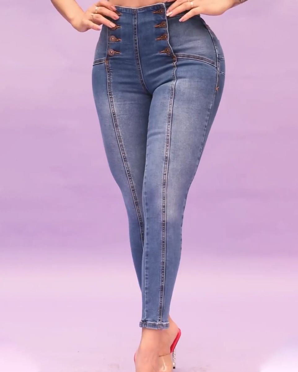 Double Buttons Stretchy Jeans