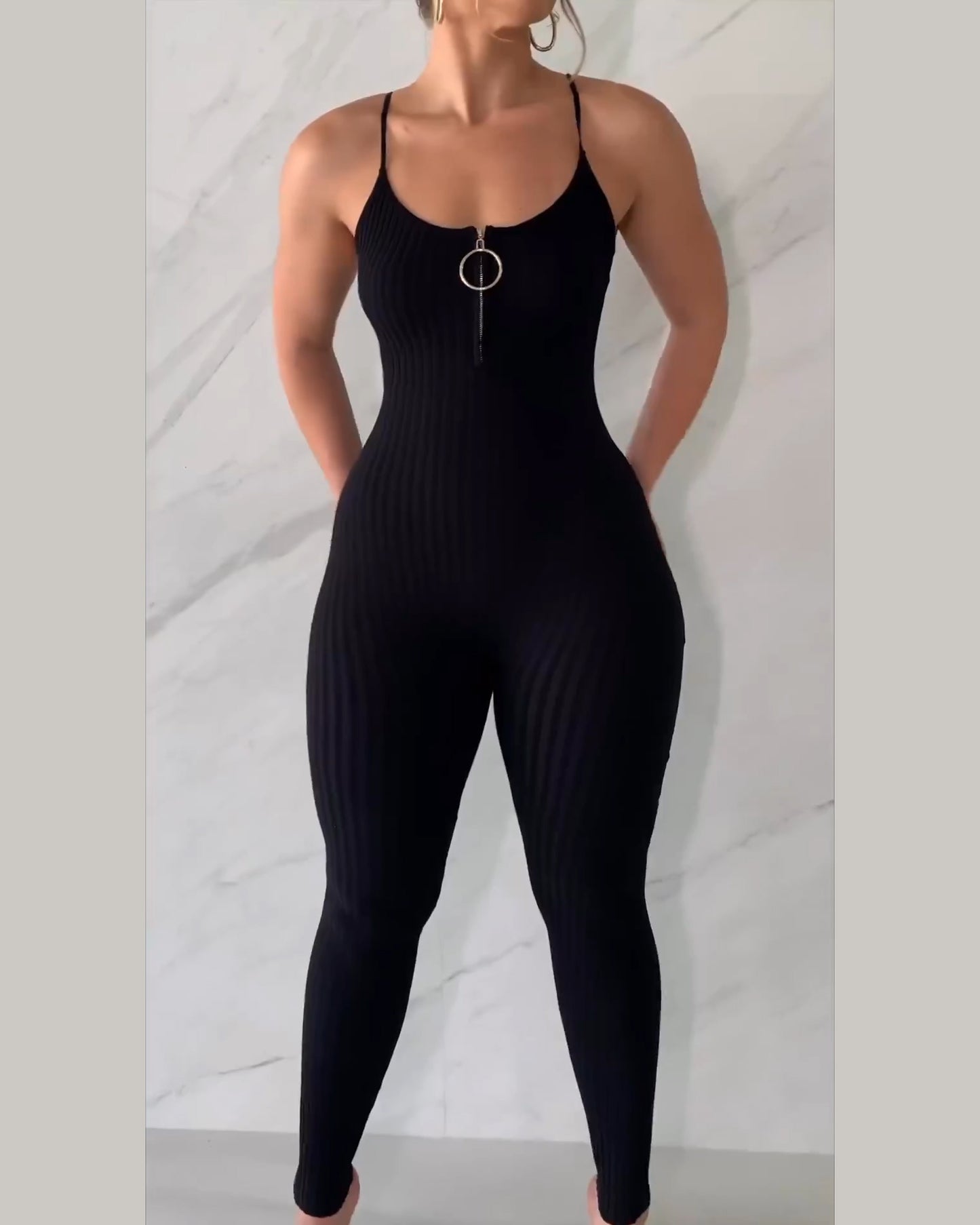 Black Ribbed Knit O-Ring Zipper Spaghetti Straps Jumpsuit