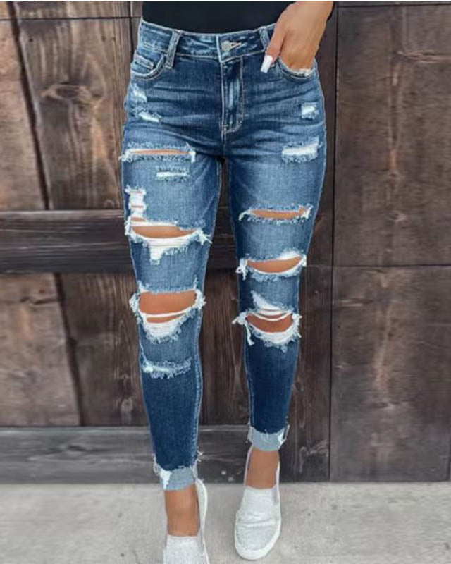 Stretch Ripped Denim Trousers Skinny Hip Lift Fashion Jeans