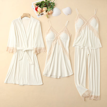 Four-piece pajama set in gold velvet