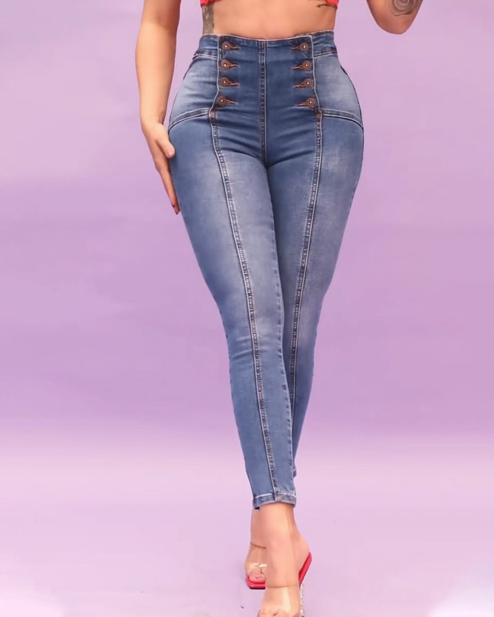 Double Buttons Stretchy Jeans