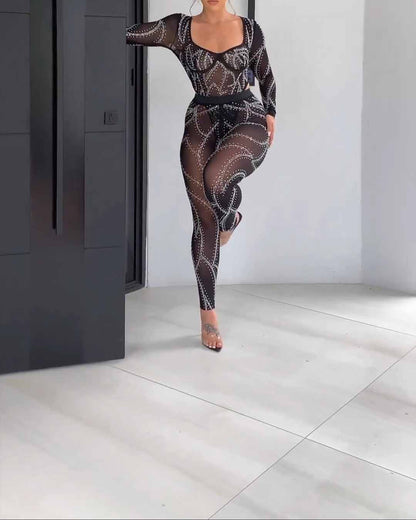Black Mesh Rhinestone Underwire Long Sleeve High Cut Bodysuit Pants Two Piece Set