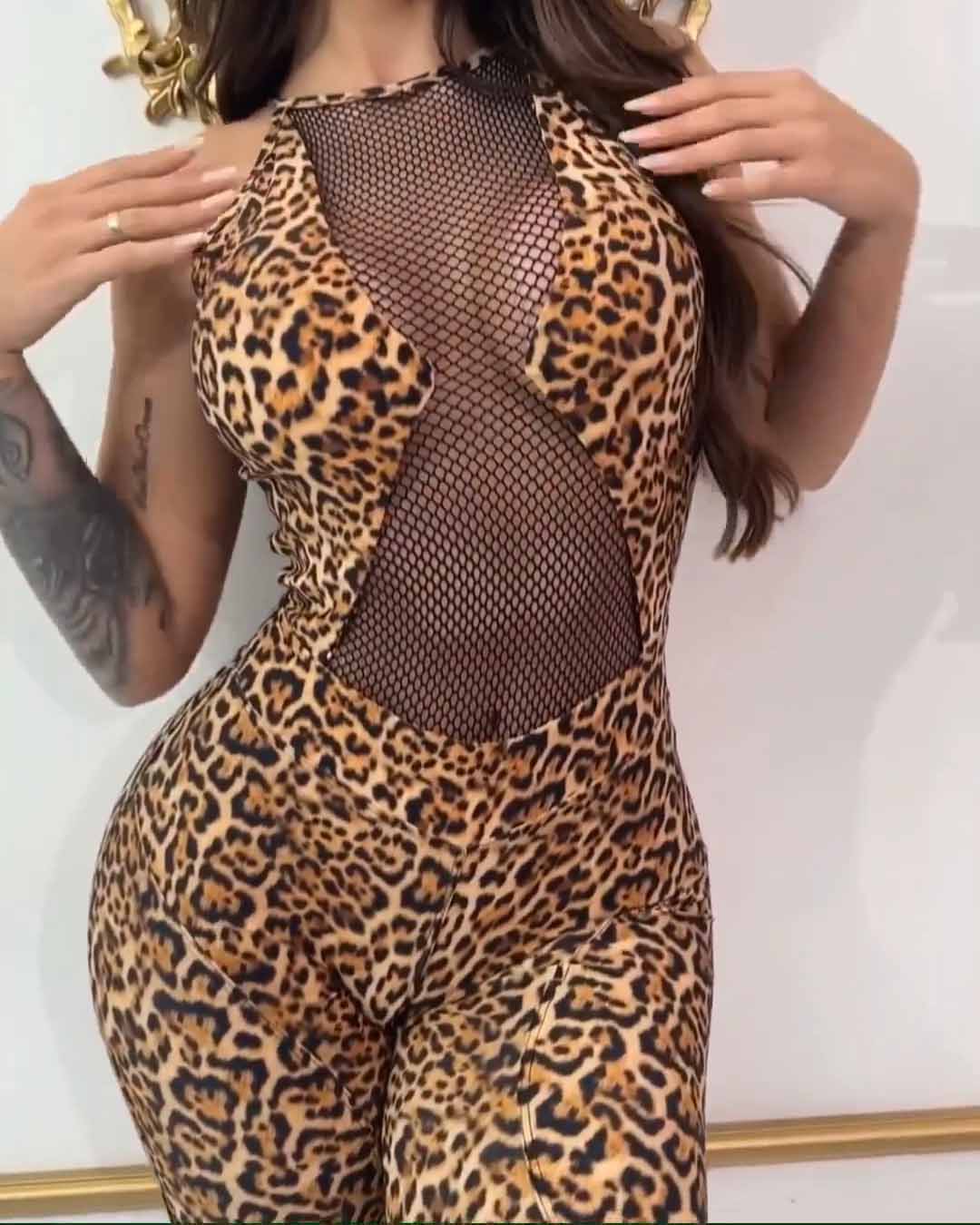 Leopard-print Mesh Jumpsuit
