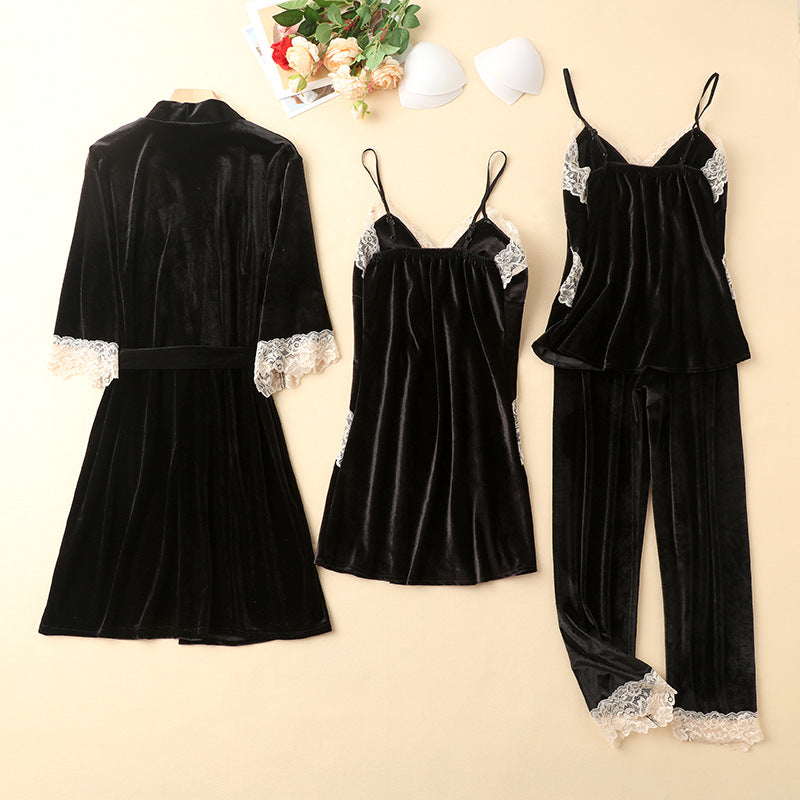 Four-piece pajama set in gold velvet