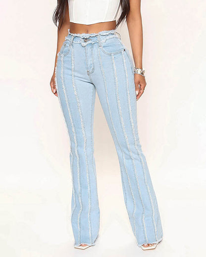 Ladies High Stretch Mid Waist Raw Edge Stripe Denim Trousers