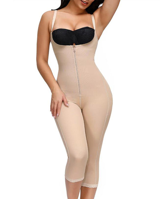 Women's Zipper Open Bust Tummy Control  Butt Lifter Adjustable Shoulder Strap Lace Long Bodysuit Shapewear