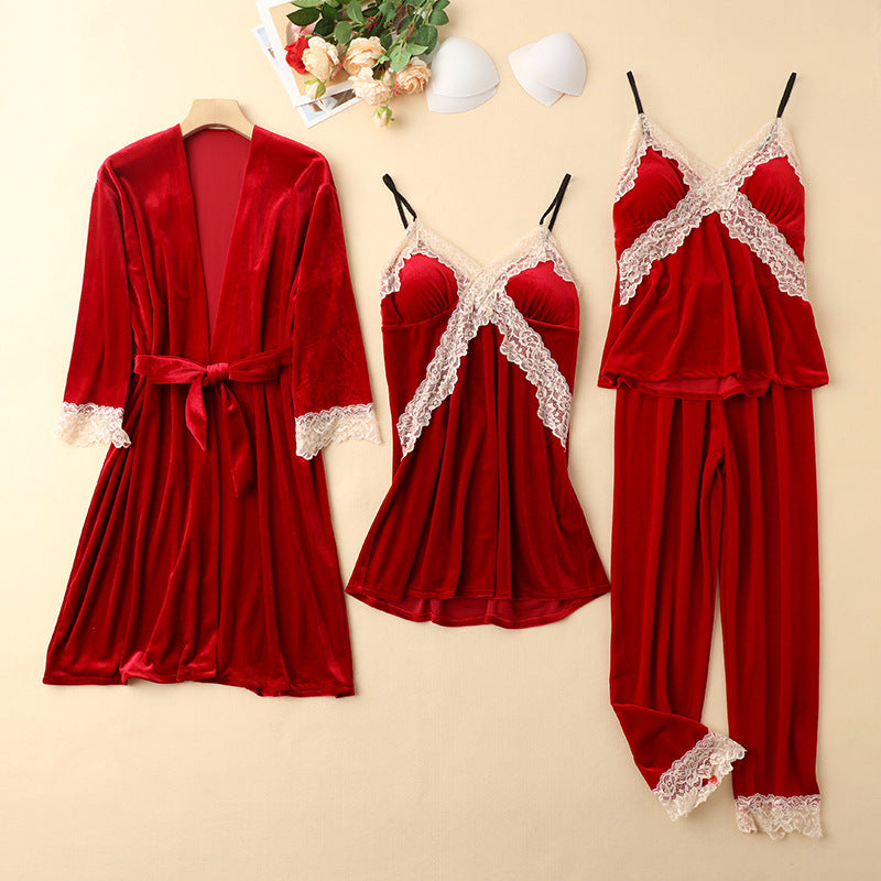 Four-piece pajama set in gold velvet