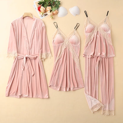 Four-piece pajama set in gold velvet