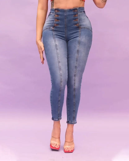 Double Buttons Stretchy Jeans