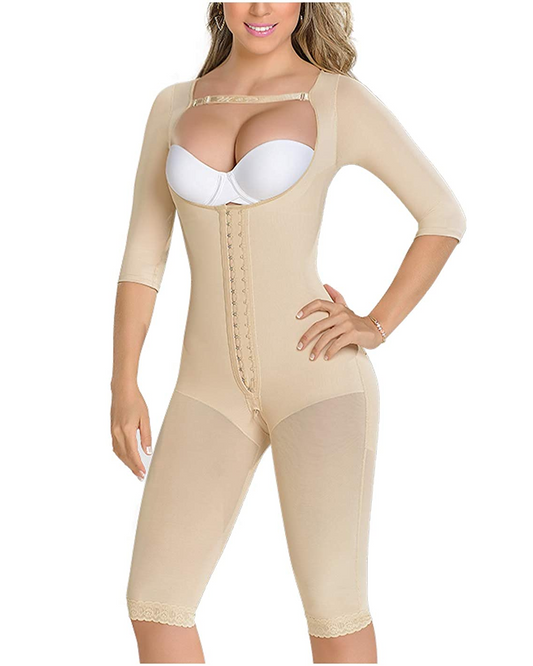 Knee Length Shaping Bodysuit With Sleeves High-Back Recovery Compression Garment Shapewear With Straps For Women