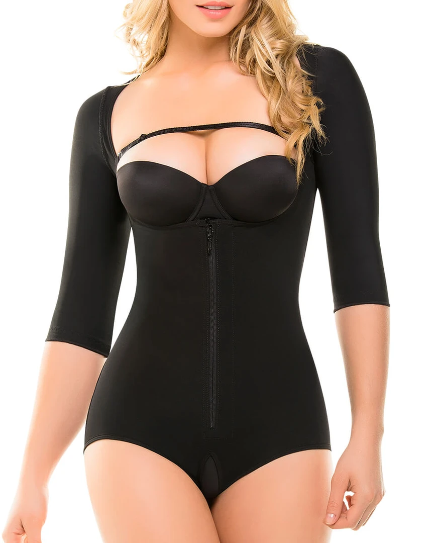 Half-Sleeves Butt Lifting Shaping Bodysuit With Zipper Open Crotch Compression Garment For Women