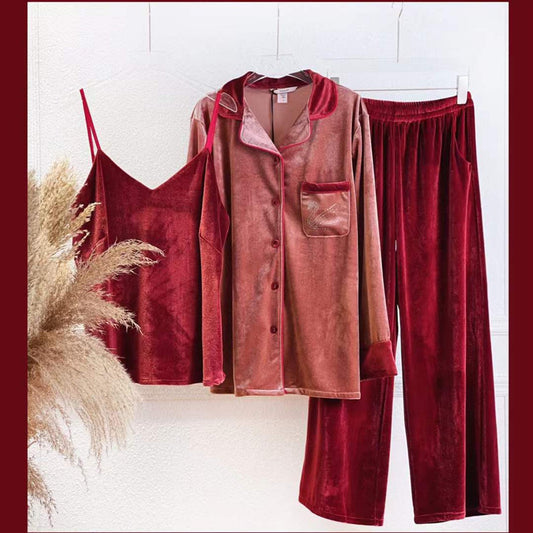 New Golden Velvet Premium Feeling Long Sleeve Three Piece Pajama Set