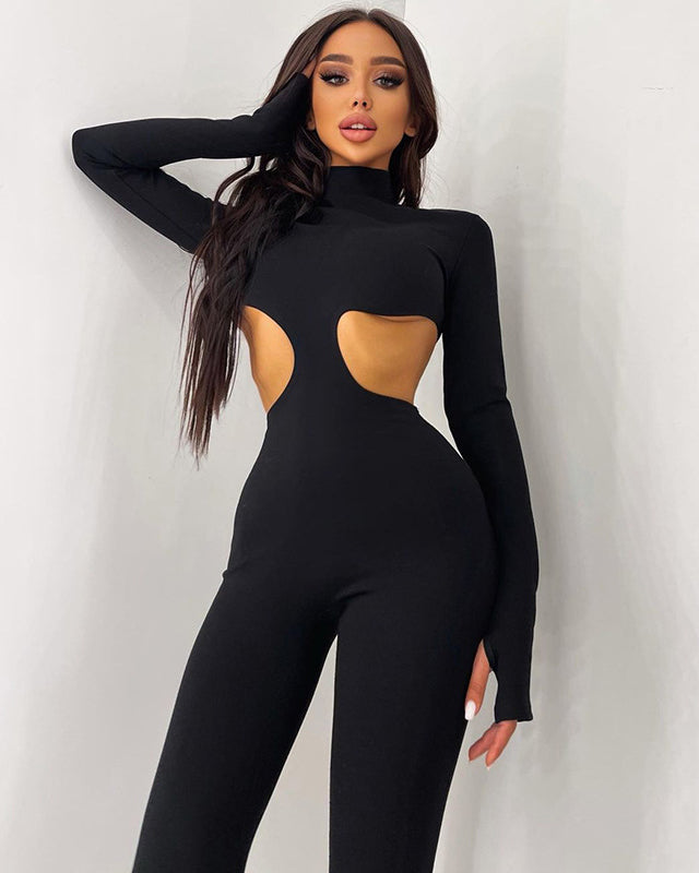 Sexy Hollow Long Sleeve Turtleneck Slim Fit Sports Jumpsuit