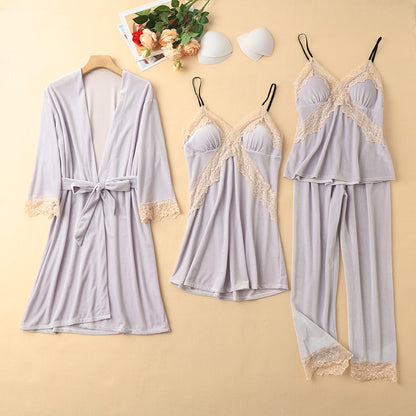 Four-piece pajama set in gold velvet