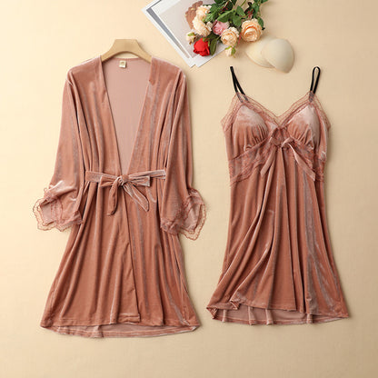 Premium Feeling Golden Velvet Pajamas Two Piece Set