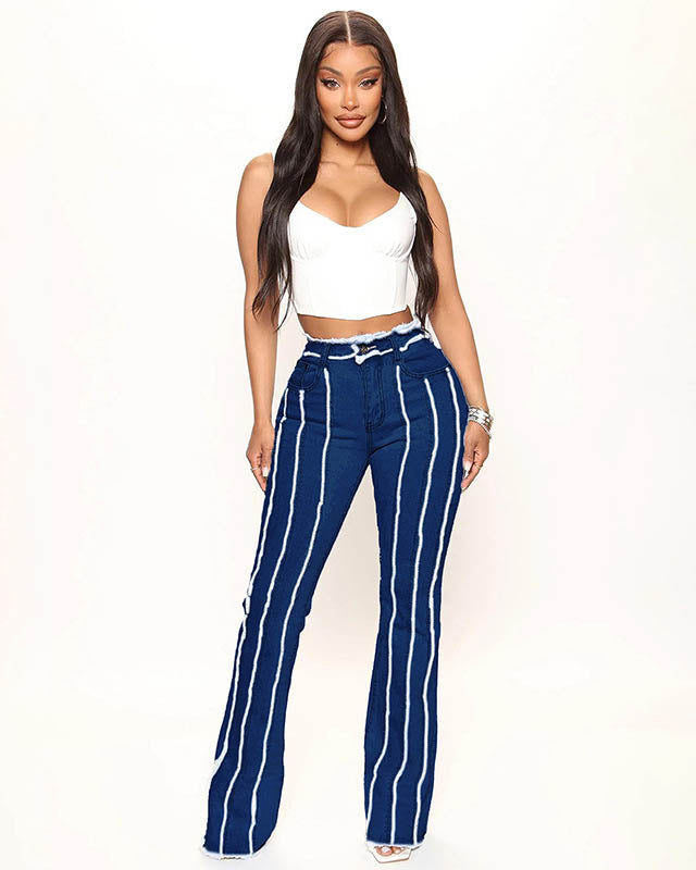 Ladies High Stretch Mid Waist Raw Edge Stripe Denim Trousers